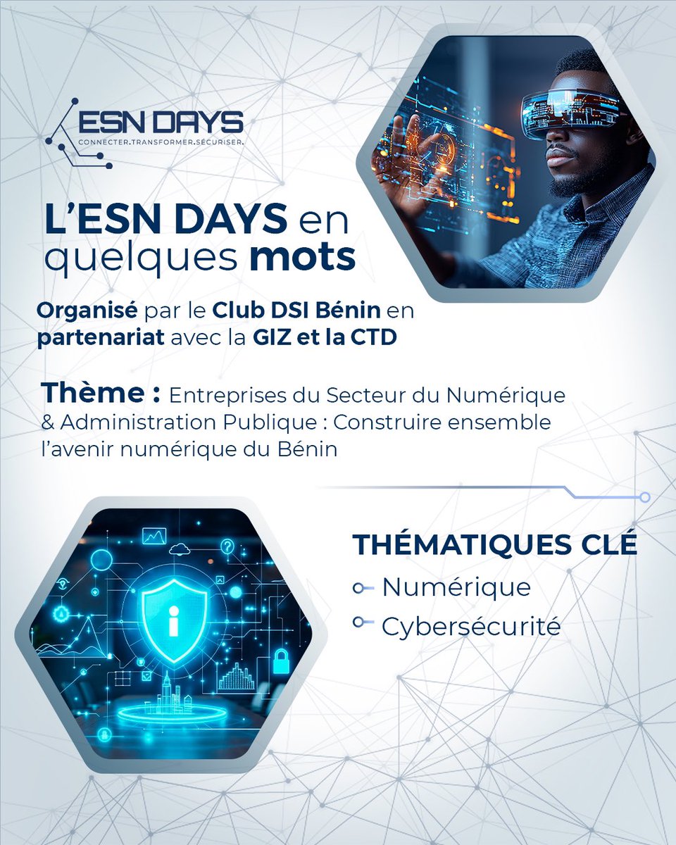 clubdsibenin's tweet photo. 🎯 Pourquoi ne pas manquer l’#ESNDay2025 ?
👉 Panels, keynotes, masterclass, réseautage, expo tech locale…
Une journée pour imaginer et construire le futur numérique du Bénin 🇧🇯
📅 5 juin | 📍 Novotel Cotonou
#DSIBenin #Cybersecurite #Tech229 https://t.co/XXjpfZHAAj