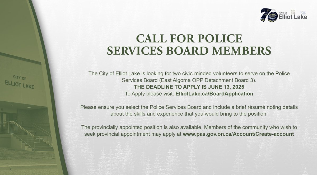 Call for Police Services Board Members – Deadline June 13, 2025 elliotlake.ca/Modules/News/i…