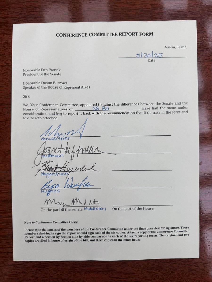 The Senate conferees on SB 30 have signed the Conference Committee Report! I look forward to the House conferees signing it so we can get significant tort reform done in Texas! #txlege