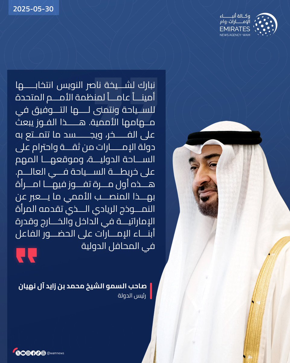 #رئيس_الدولة : نبارك لـ #شيخة_ناصر_النويس انتخابها أميناً عاماً لمنظمة الأمم المتحدة للسياحة ونتمنى لها التوفيق في مهامها الأممية. هذا الفوز يبعث على الفخر، ويجسد ما تتمتع به دولة #الإمارات من ثقة واحترام على الساحة الدولية، وموقعها المهم على خريطة السياحة في العالم. هذه أول مرة