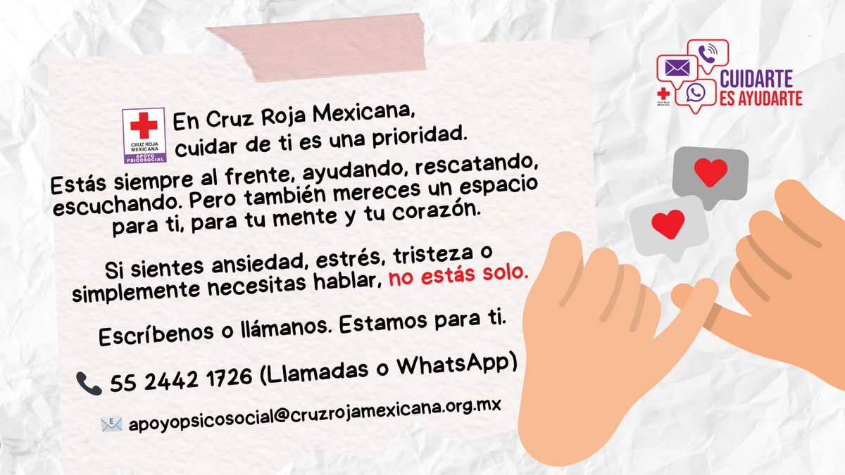 🧠❤️ Cuidamos tu salud emocional.

Brindamos apoyo psicosocial a personas afectadas por emergencias, crisis o situaciones de vulnerabilidad, porque entendemos que sanar no solo es físico, también es emocional.

📍 Escuchamos. 
#ApoyoPsicosocial #SaludMental #CruzRojaMexicana
