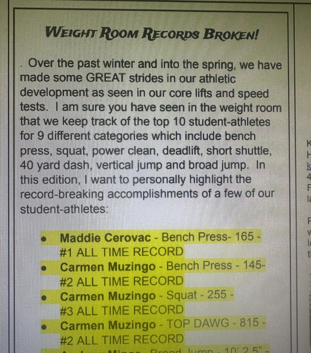 ofvolleyball's tweet image. Congrats to Junior Carmen Muzingo, as she has moved up on our record board in the bench press and squat and now is the second leading “Top Dawg” of all time! Special thanks to Coaches Harriger and DeLuca for their work with the girls in the weight room. Awesome work Carmen!