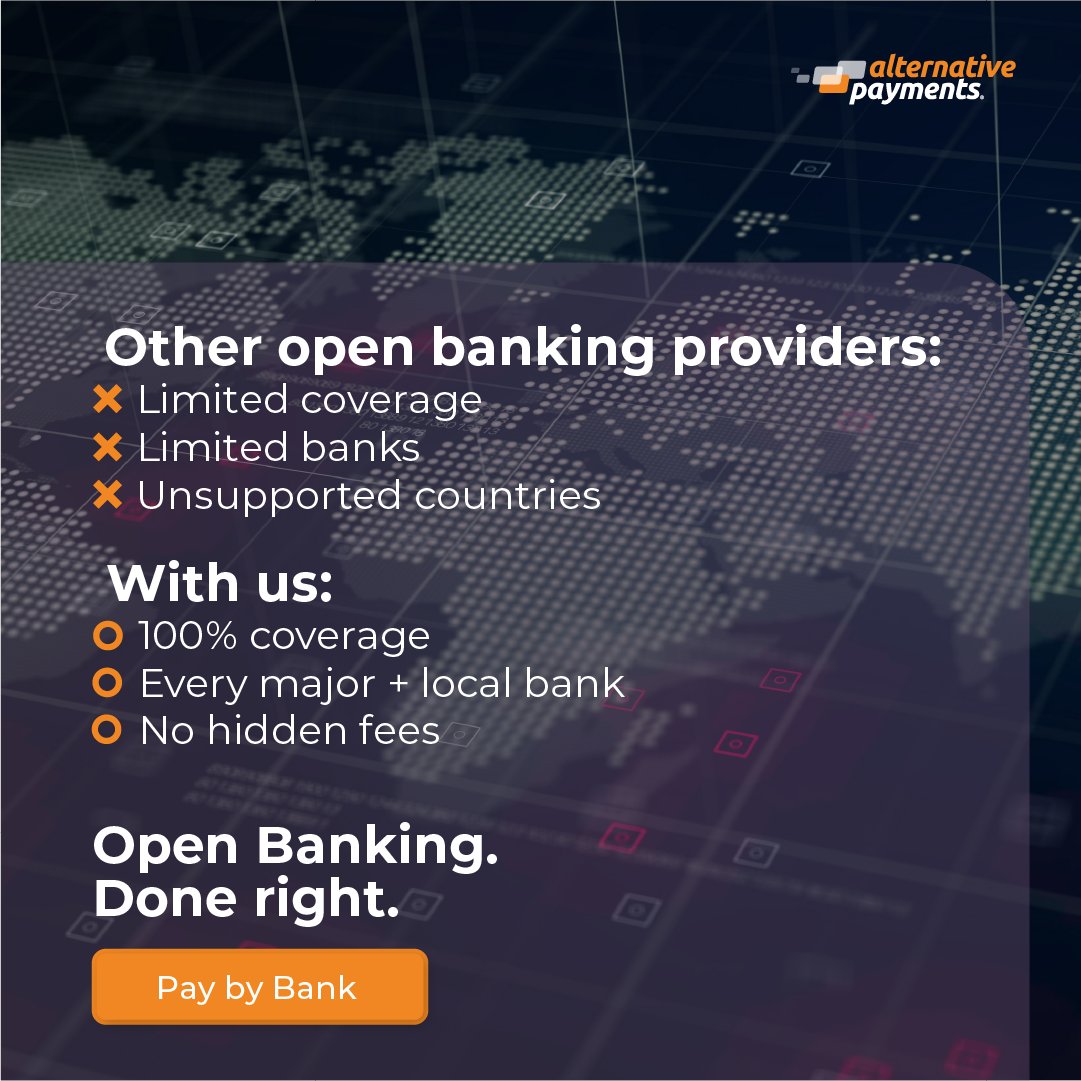 Alternative Payments (@alternative_pay) on Twitter photo Why settle for less?
Most Open Banking providers give you limited coverage, and limited banks.
With us, you get:
β
 100% coverage
β
 Every bank - big or small
β
 No hidden fees
This is how Open Banking should be.
No gaps. No compromises. Just conversions. Why settle for less?
Most Open Banking providers give you limited coverage, and limited banks.
With us, you get:
β
 100% coverage
β
 Every bank - big or small
β
 No hidden fees
This is how Open Banking should be.
No gaps. No compromises. Just conversions.