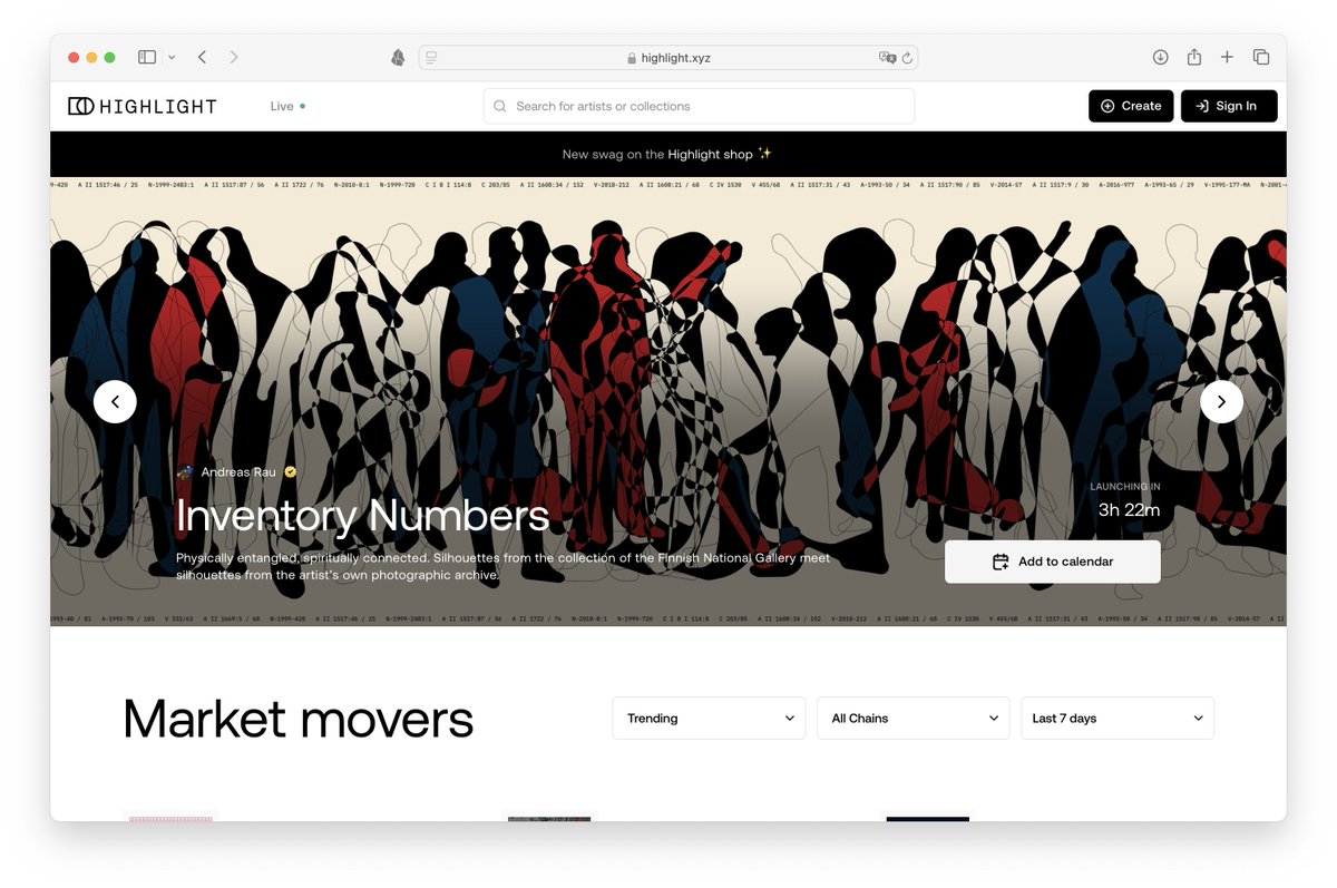 Thanks <a href="/Highlight_xyz/">Highlight</a> for featuring Inventory Numbers on the homepage once again 🙏

Minting and exhibition in NYC opens in about 3h 20m