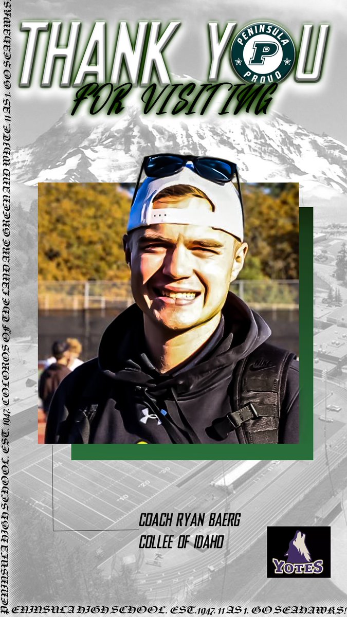 Peninsula HS Football (@seahawks_phs) on Twitter photo Wanna thank our new friend <a href="/RyanBaerg/">Ryan Baerg</a> of <a href="/YotesFootball/">College of Idaho Football</a>! Itβs great to have one of the Peninsulaβs own out and about checking out our guys. We see some Seahawks in the Yotes future soon!
#11as1β’οΈ
#PurdyGrit Wanna thank our new friend <a href="/RyanBaerg/">Ryan Baerg</a> of <a href="/YotesFootball/">College of Idaho Football</a>! Itβs great to have one of the Peninsulaβs own out and about checking out our guys. We see some Seahawks in the Yotes future soon!
#11as1β’οΈ
#PurdyGrit