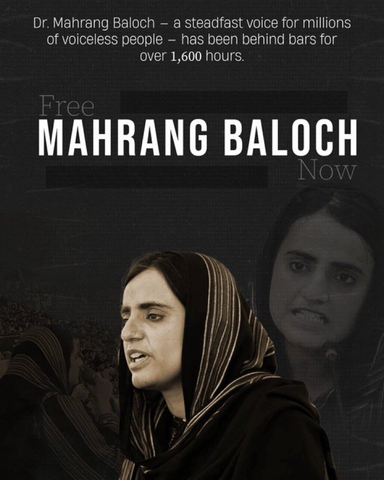 MahrangBaloch_'s tweet image. Dr. Mahrang Baloch - a steadfast voice for millions of voiceless people - has been behind bars for over 1,600 hours.
Free
MAHRANG BALOCH
Now
#ReleaseBycLeaders