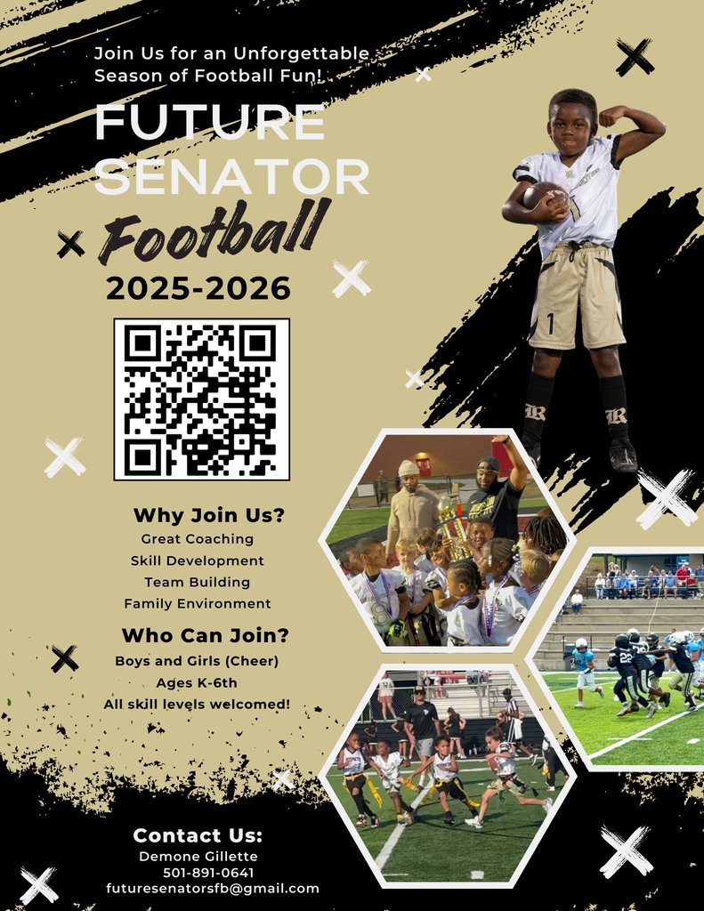 RHS_Senators's tweet image. Summer has officially started for students, but we're looking ahead to next school year! It's time to register for Future Senators football program. This is open to K- 6th students in the Robinson feeder. futuresenators.net
Questions? Demone Gillette - (501) 891-041