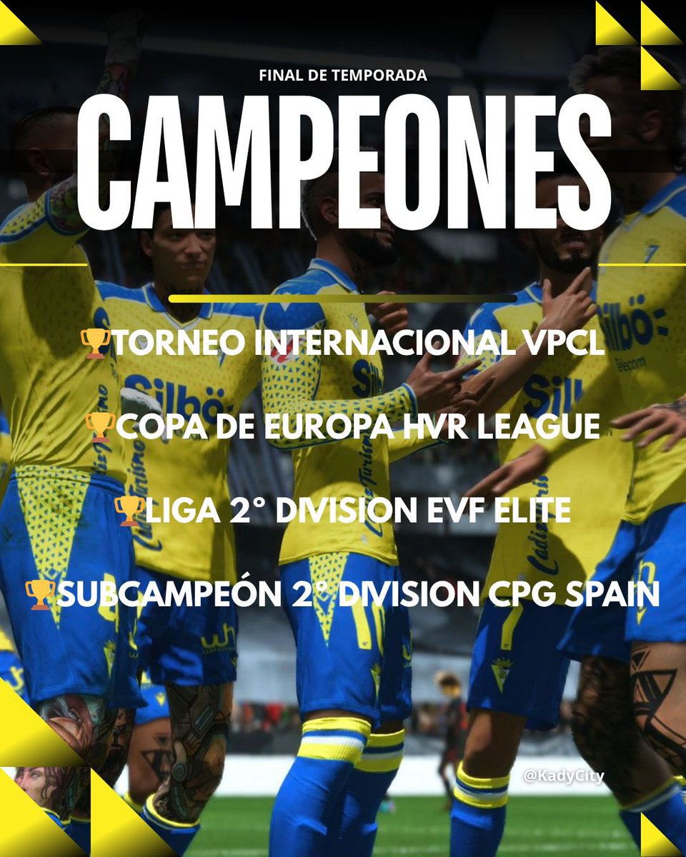 ✨𝗙𝗜𝗡 𝗗𝗘 𝗧𝗘𝗠𝗣𝗢𝗥𝗔𝗗𝗔 𝗘𝗔 𝗙𝗖 𝟮𝟱✨

✅Terminamos la temporada con los objetivos cumplidos:

🏆Campeón Torneo Internacional <a href="/VPCL_Spain/">VPCL España</a>.

🏆Campeón Copa de Europa <a href="/HVRLEAGUE/">Heaver</a>.

🏆Campeón Liga 2º División Élite @Official_EVF.

🏆Subcampeón Liga 2º División <a href="/CPG_Spain/">CPG SPAIN</a>.