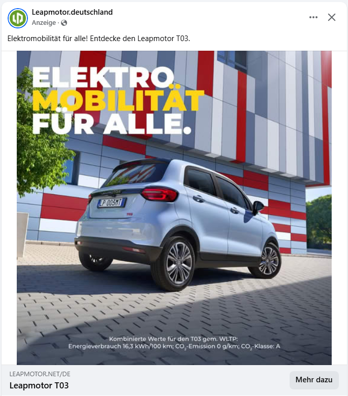 ITUADE's tweet photo. Zum ersten Mal sehe ich bei #Facebook die Werbung für #Leapmotor - in Deutschland kaum bekannt, aber hinter dieser Marke steckt sich ein chinesischer Hersteller mit den Verbindungen zu #Stellantis
#T03 ist seltsam, eher typisch 🇨🇳, aber billig. Die Preisschlacht geht's los https://t.co/O2bxV8zcFC