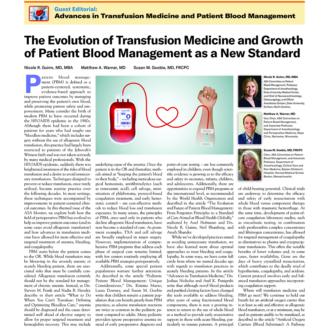 ASA Monitor (@asamonitor) on Twitter photo Explore the numerous advances in #TransfusionMedicine, including the development of novel products and approaches to enhance safety and treat #coagulopathy and acute hemorrhage.
ow.ly/QC8C50VZtwe
<a href="/sgoobie1/">Susan Goobie, MD, FRCPC</a> <a href="/Duke_Anesthesia/">Duke Anesthesiology</a> <a href="/MayoAnesthesia/">Mayo Clinic Department of Anesthesiology</a> <a href="/harvardmed/">Harvard Medical School</a> Explore the numerous advances in #TransfusionMedicine, including the development of novel products and approaches to enhance safety and treat #coagulopathy and acute hemorrhage.
ow.ly/QC8C50VZtwe
<a href="/sgoobie1/">Susan Goobie, MD, FRCPC</a> <a href="/Duke_Anesthesia/">Duke Anesthesiology</a> <a href="/MayoAnesthesia/">Mayo Clinic Department of Anesthesiology</a> <a href="/harvardmed/">Harvard Medical School</a>