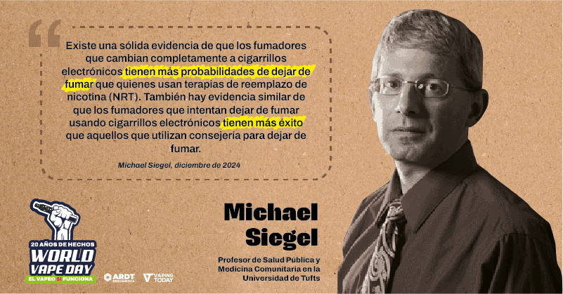 Michael Siegel lo deja claro: vapear da más probabilidades y éxito al dejar de fumar.
#WorldVapeDay #ReducciónDeDañosYa #MiSaludMiElección #20AñosSinHumo

<a href="/echelecabeza/">Échele Cabeza</a>, <a href="/NicotinaRRD/">Plataforma para la Reducción de Daños en Nicotina</a>, <a href="/anesvap/">ANESVAP</a>, <a href="/provapeomexico/">Pro-Vapeo Mexico A.C.</a>, <a href="/AsovapeCR/">Asovape Costa Rica</a>, <a href="/ARDTPanama/">ARDT Panamá</a>, <a href="/AsoVape/">AsoVape Colombia</a>, <a href="/PeruAsovape/">Asovape Peru</a>, <a href="/AsovapeChile/">Asovape Chile</a>,