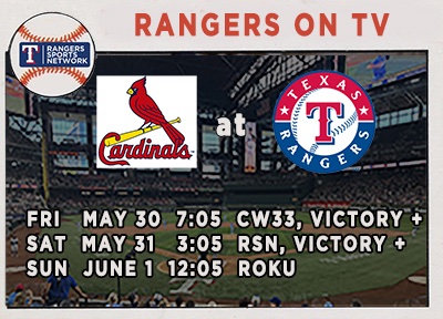 Here's a little help on the Rangers games on TV this weekend.    CW33 in the DFW area tonight...Rangers Sports Network on Saturday and a Roku game on Sunday.   Thanks, Chuck
