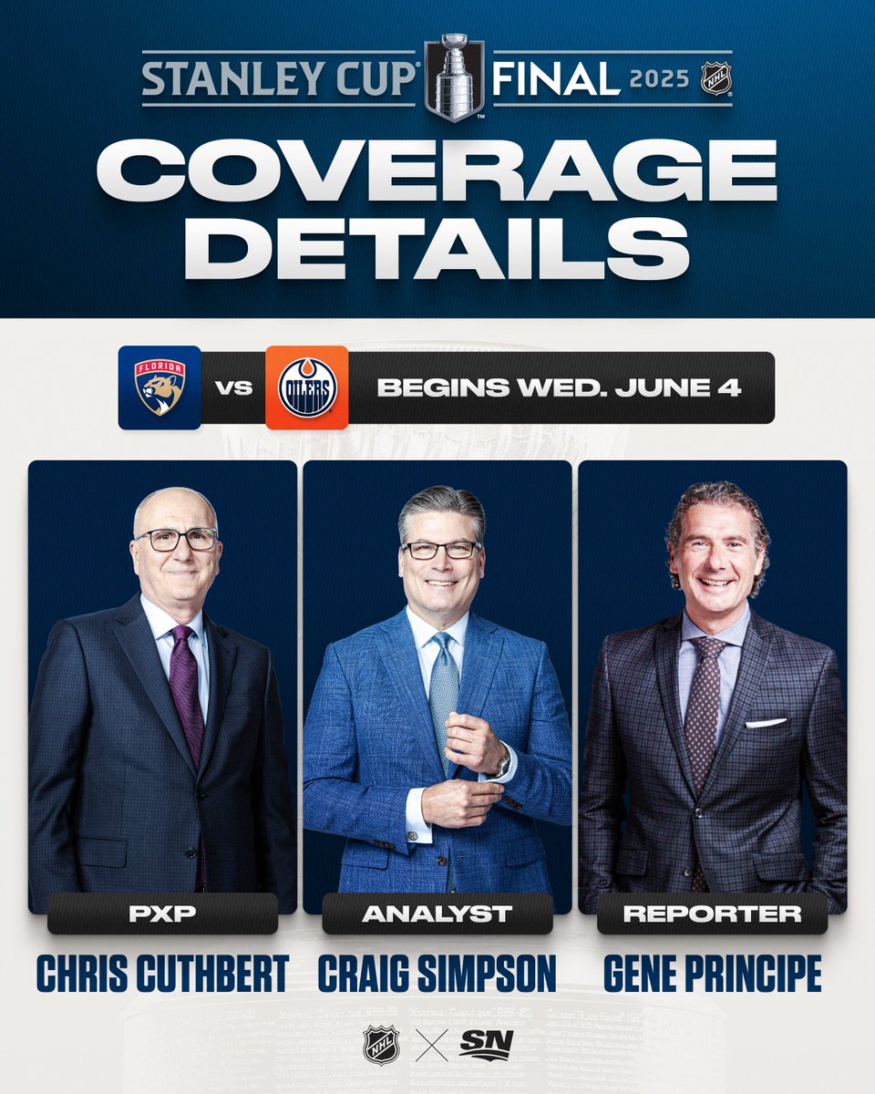 SportsnetPR's tweet image. The final stage is set... for a rematch! 🏆
Exclusive coverage of the 2025 @NHL #StanleyCup Final begins on June 4 on @Sportsnet and Sportsnet+.
Full broadcast details 👇
