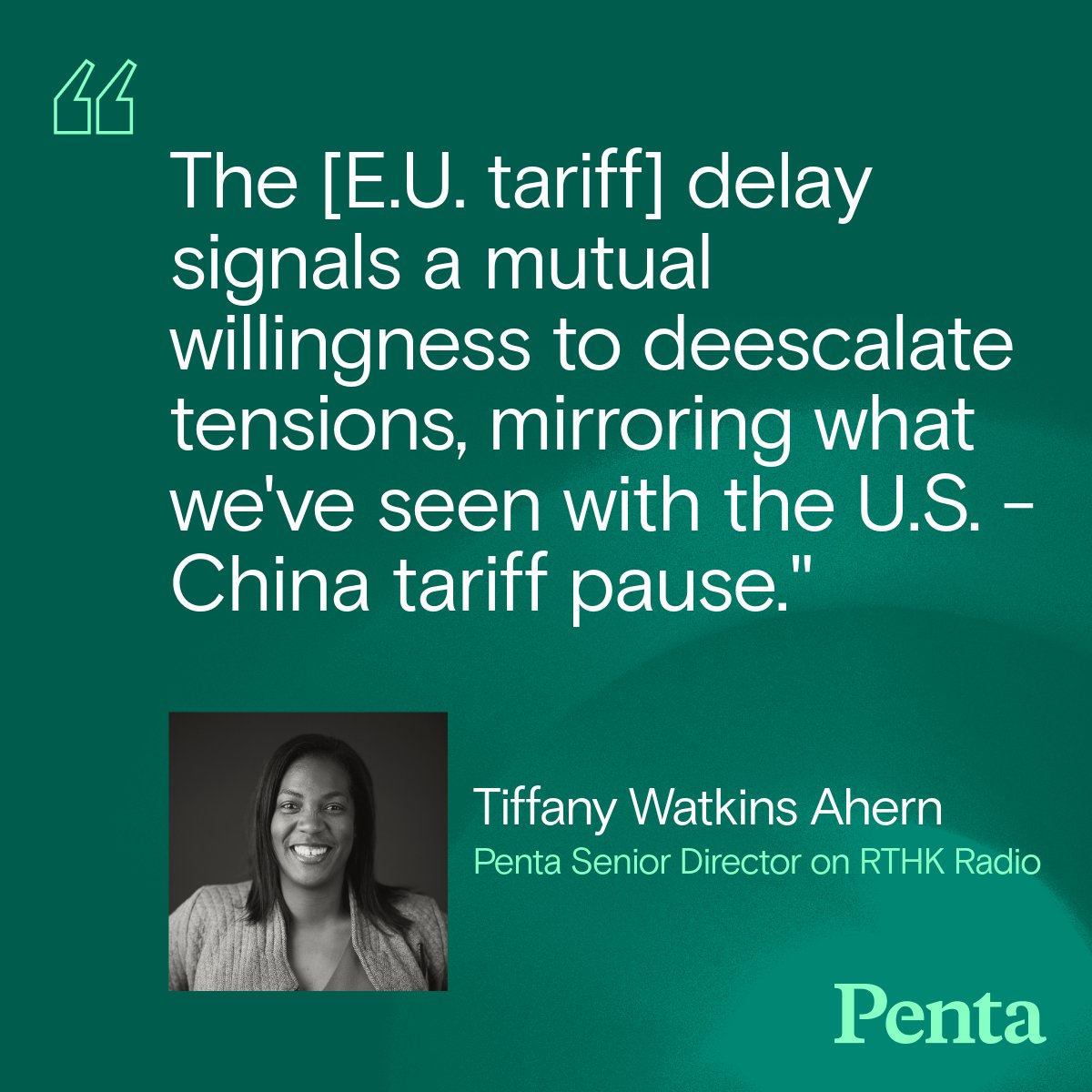 Listen to Penta Senior Director Tiffany Watkins Ahern on RTHK Radio, discussing the latest in President Donald Trump's #tariff policy, the link between investor sentiment and policy, as well as a look ahead to midterm election implications. You can hear the entire interview here: