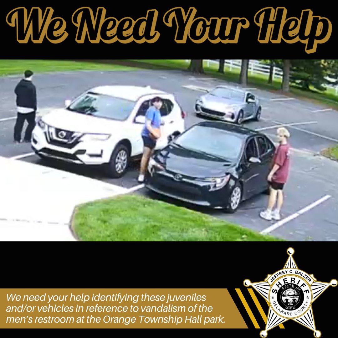 DelCoSheriff's tweet photo. We need your help! If you have any information on the identity of these juveniles or their vehicles at the Orange Township Hall park, please contact Dep. Messer @ IMesser@co.delaware.oh.us or call 740-833-2800 ext. 8149.
#WeNeedYourHelp #VandalismIsWrong #OrangeTownship https://t.co/LFoOTsX1fW