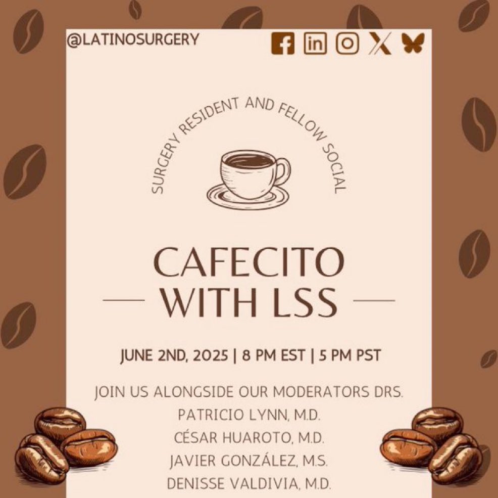 LatinoSurgSociety (@latinosurgery) on Twitter photo ☕️ Join <a href="/LatinoSurgery/">LatinoSurgSociety</a> for a "Cafecito with LSS" virtual social!
Discuss mentorship and letters of recommendation with surgery residents and fellows.
🗓️ June 2nd, 2025
🕗 8 PM EST | 5 PM PST
Link: partners.zoom.us/meeting/regist… ☕️ Join <a href="/LatinoSurgery/">LatinoSurgSociety</a> for a "Cafecito with LSS" virtual social!
Discuss mentorship and letters of recommendation with surgery residents and fellows.
🗓️ June 2nd, 2025
🕗 8 PM EST | 5 PM PST
Link: partners.zoom.us/meeting/regist…