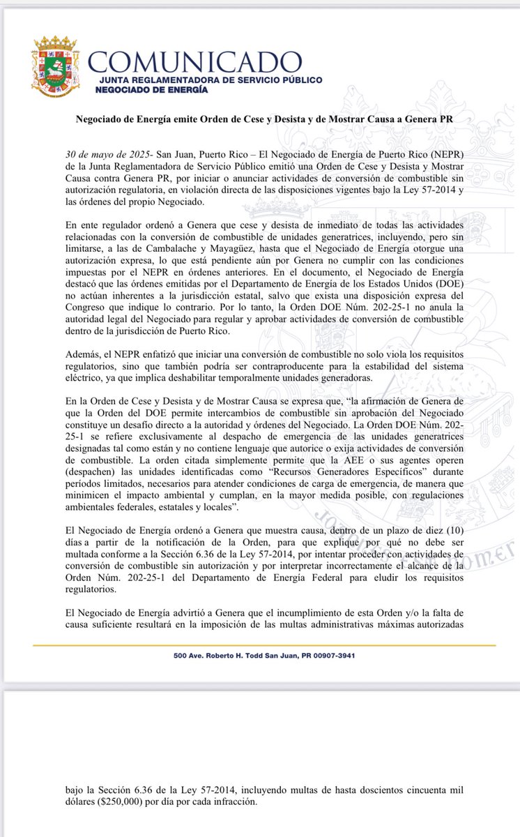 Negociado de Energía de Puerto Rico (@energianepr) on Twitter photo El Negociado de Energía de la <a href="/JuntaJRSP/">Junta Reglamentadora Servicio Público</a> emite Orden de Cese y Desista y de Mostrar Causa contra Genera PR por iniciar actividades de conversión de combustible sin autorización.
Puede ver la Orden aquí 👇🏻
energia.pr.gov/wp-content/upl… El Negociado de Energía de la <a href="/JuntaJRSP/">Junta Reglamentadora Servicio Público</a> emite Orden de Cese y Desista y de Mostrar Causa contra Genera PR por iniciar actividades de conversión de combustible sin autorización.
Puede ver la Orden aquí 👇🏻
energia.pr.gov/wp-content/upl…