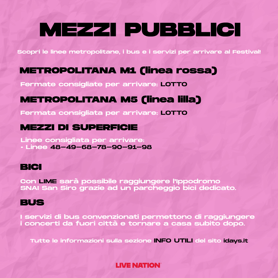 IDaysMilano's tweet image. Scopri tutte le informazioni utili su orari, ingressi e mobilità per la prima giornata degli I-Days Milano Coca-Cola 2025 con protagonista #JustinTimberlake ✨
Info complete su idays.it e su livenation.it/mobilita/milan…