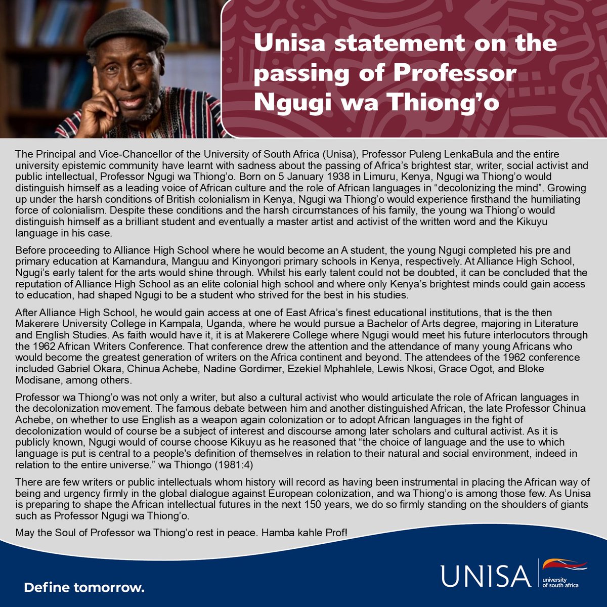 unisa's tweet photo. Unisa statement on the passing of Professor Ngugi wa Thiong’o 
#Unisa150andBeyond https://t.co/dzJvWa3jpm