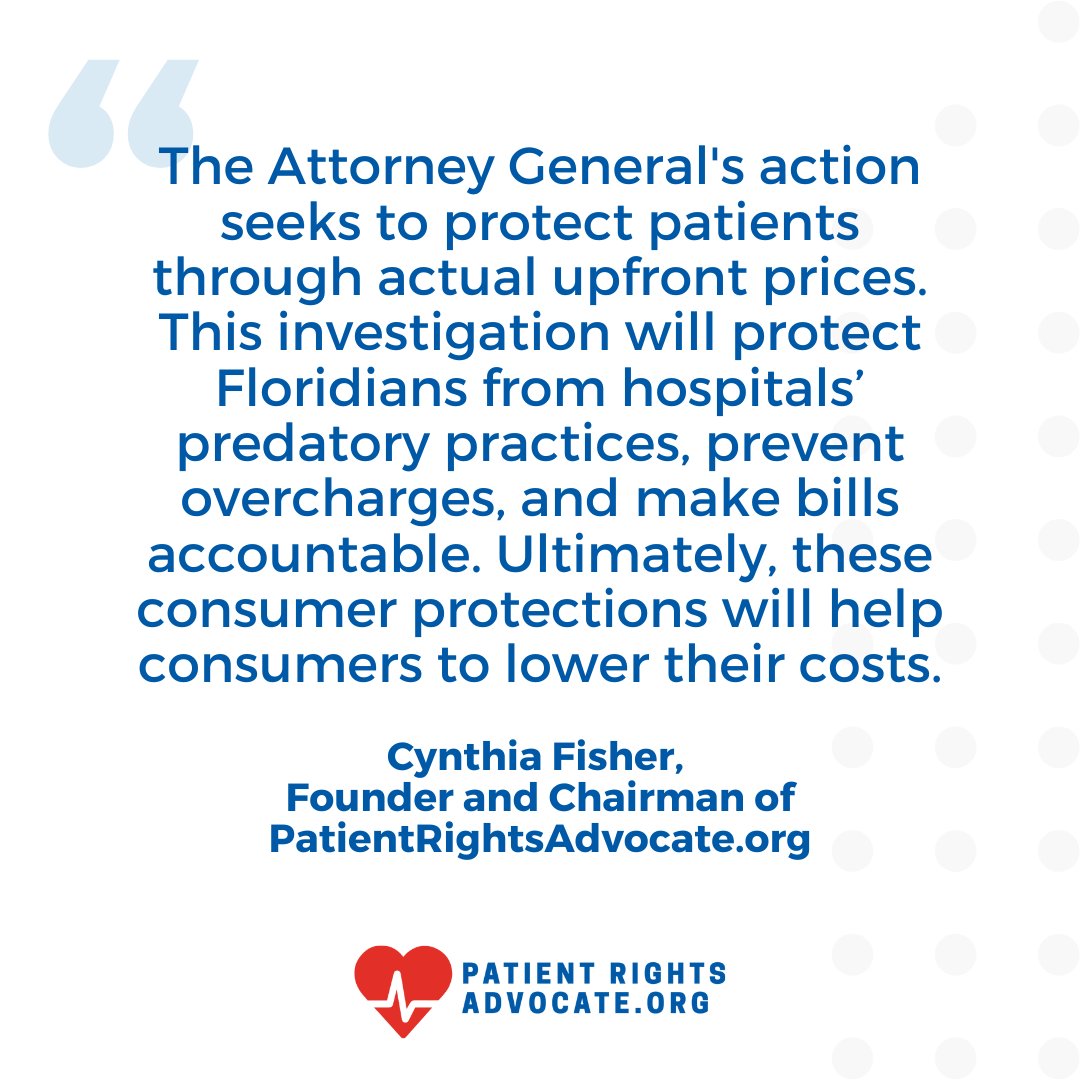 PatientRightsAdvocate.org (@ptrightsadvoc) on Twitter photo Our Founder and Chairman Cynthia Fisher's response to the news of Florida <a href="/AGJamesUthmeier/">Attorney General James Uthmeier</a>'s decision to investigate the deceptive and predatory practices of Florida hospitals flouting state law and federal price transparency rules ⬇️ Our Founder and Chairman Cynthia Fisher's response to the news of Florida <a href="/AGJamesUthmeier/">Attorney General James Uthmeier</a>'s decision to investigate the deceptive and predatory practices of Florida hospitals flouting state law and federal price transparency rules ⬇️