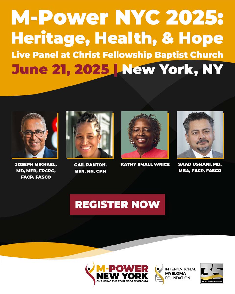 International Myeloma Foundation (@imfmyeloma) on Twitter photo Join us at our #NYC #IMFMPOWER Juneteenth event on 6/21! M-POWER yourself—learn about heritage, health, & hope regarding Black patients and families just getting started on their myeloma journey. Register before spots fill up: mmsm.link/45uIzzX #mmsm
<a href="/jmikhaelmd/">Joseph Mikhael</a>
<a href="/szusmani/">Saad Z. Usmani MD MBA FACP 🇺🇸🇵🇰</a> Join us at our #NYC #IMFMPOWER Juneteenth event on 6/21! M-POWER yourself—learn about heritage, health, & hope regarding Black patients and families just getting started on their myeloma journey. Register before spots fill up: mmsm.link/45uIzzX #mmsm
<a href="/jmikhaelmd/">Joseph Mikhael</a>
<a href="/szusmani/">Saad Z. Usmani MD MBA FACP 🇺🇸🇵🇰</a>