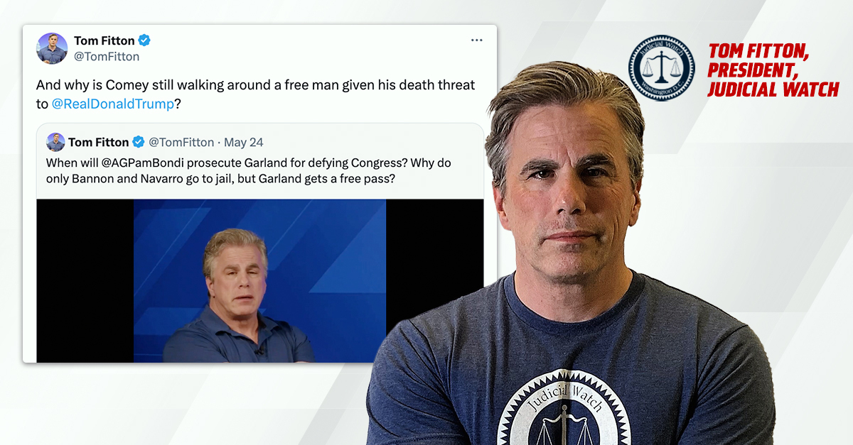 Judicial Watch ⚖️ (@judicialwatch) on Twitter photo From Judicial Watch President <a href="/TomFitton/">Tom Fitton</a>: And why is Comey still walking around a free man given his death threat to @RealDonaldTrump? From Judicial Watch President <a href="/TomFitton/">Tom Fitton</a>: And why is Comey still walking around a free man given his death threat to @RealDonaldTrump?