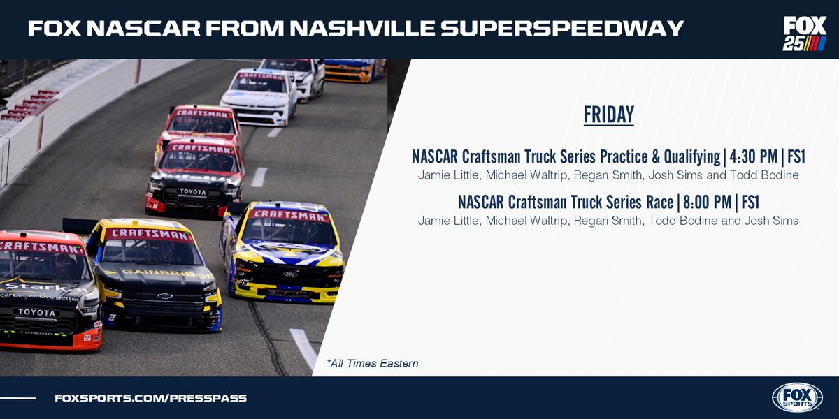 FOX Sports PR (@foxsportspr) on Twitter photo NASCAR headlines Music City tonight, with the <a href="/NASCAR_Trucks/">NASCAR CRAFTSMAN Trucks</a> Series live on FS1 from Nashville Superspeedway! ๐ถ๐ธ๐ป NASCAR headlines Music City tonight, with the <a href="/NASCAR_Trucks/">NASCAR CRAFTSMAN Trucks</a> Series live on FS1 from Nashville Superspeedway! ๐ถ๐ธ๐ป