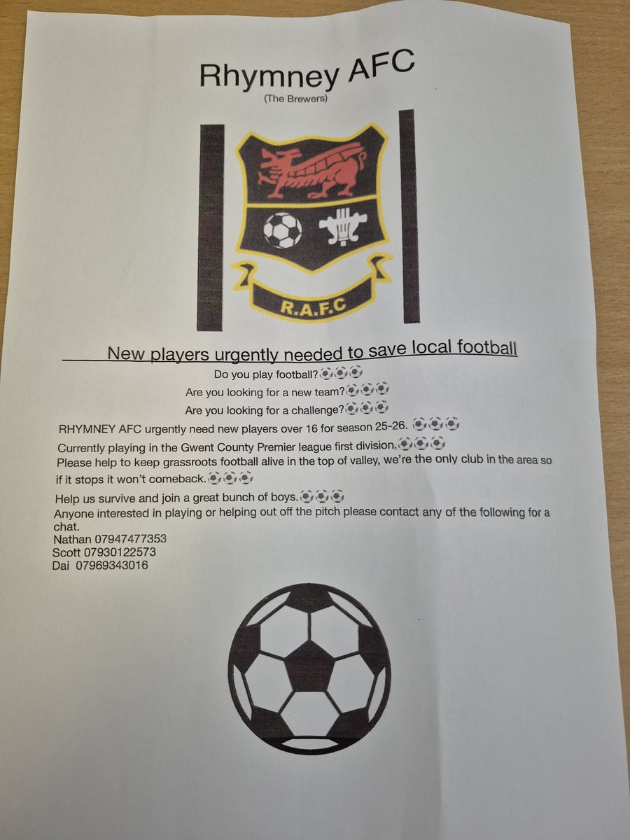 Rhymney Afc are looking for players to join them for the 25/26 season,
All welcome.