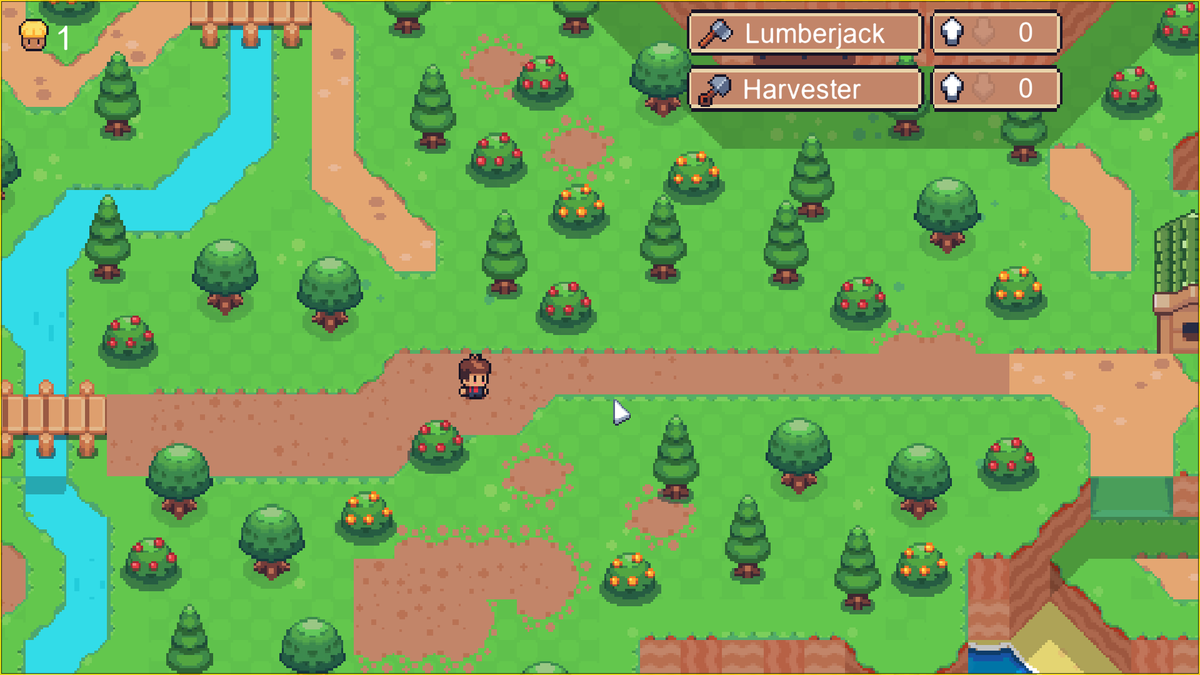 Salut à tous.
Je travaille sur un jeu de simulation de ferme 
Vous êtes en charge de villageois. Assigner leur des taches comme couper du bois, récolter des fruits. Confiez leur la tâche de transporter tout ça dans votre grenier 

youtu.be/ZvG05j2CB0M

 micheekosga.itch.io/idle-farm