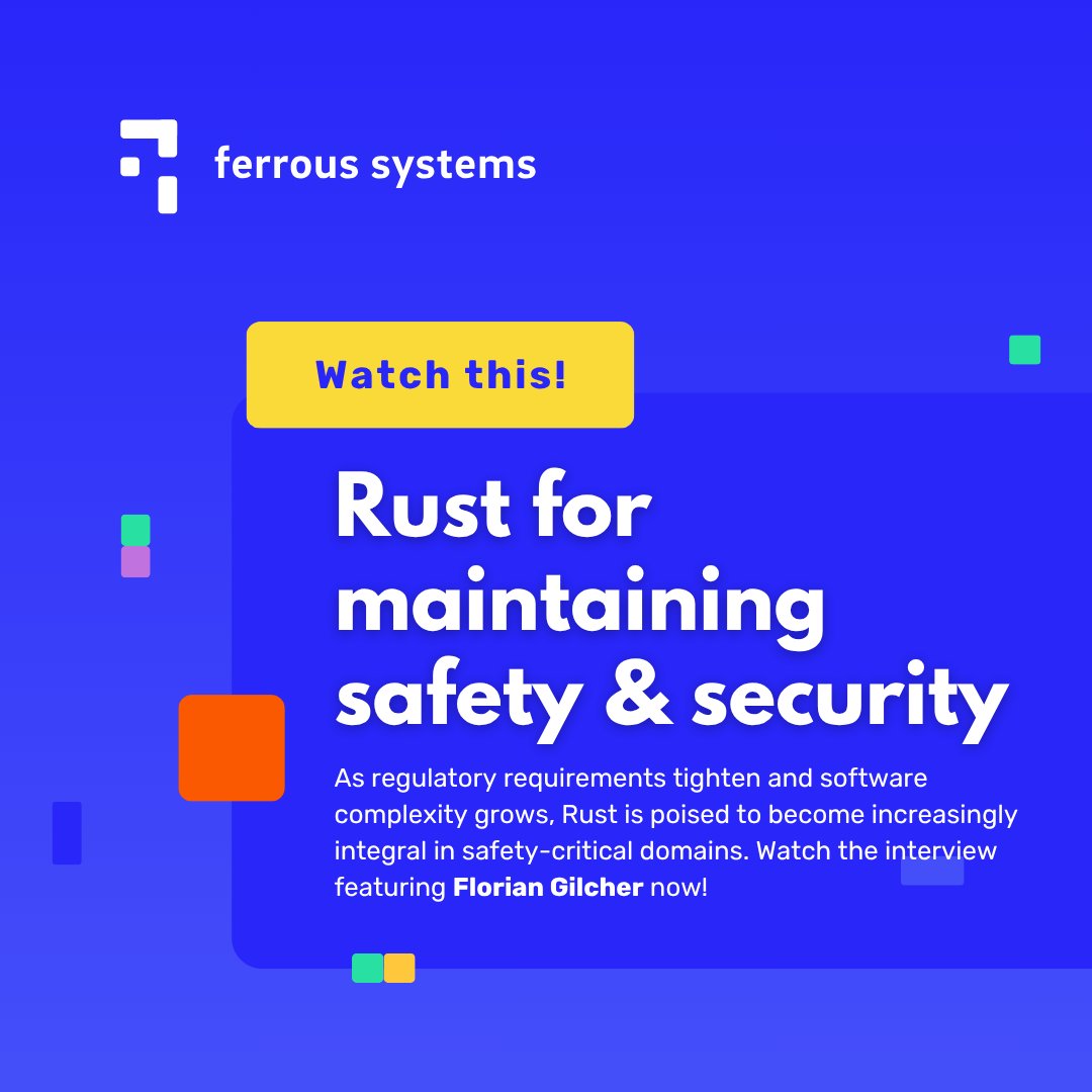 FerrousSystems (@ferroussystems) on Twitter photo ▶️Watch this: youtube.com/watch?v=DnBunc…
Florian Gilcher (<a href="/Argorak/">Florian Gilcher (@skade@hachyderm.io)</a>) talks about how software built with #RustLang is poised to become increasingly integral in #safetycritical builds. ▶️Watch this: youtube.com/watch?v=DnBunc…
Florian Gilcher (<a href="/Argorak/">Florian Gilcher (@skade@hachyderm.io)</a>) talks about how software built with #RustLang is poised to become increasingly integral in #safetycritical builds.