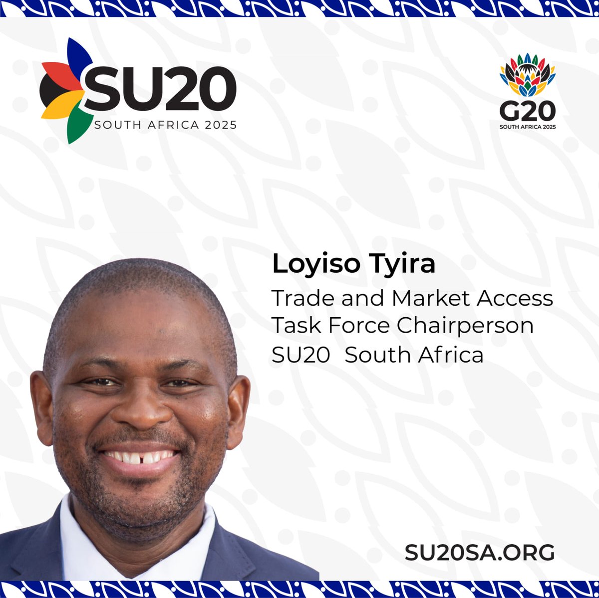 TIA congratulates our Board Chairperson, Mr Loyiso Tyira on his appointment as the Trade and Market Access Task Force Chairperson of the Start Up 20 (SU20) South Africa. 
#Startup20SA #SU20 #G20SouthAfrica #TaskForce2025 #Startup #MSME #Innovation #Collaboration