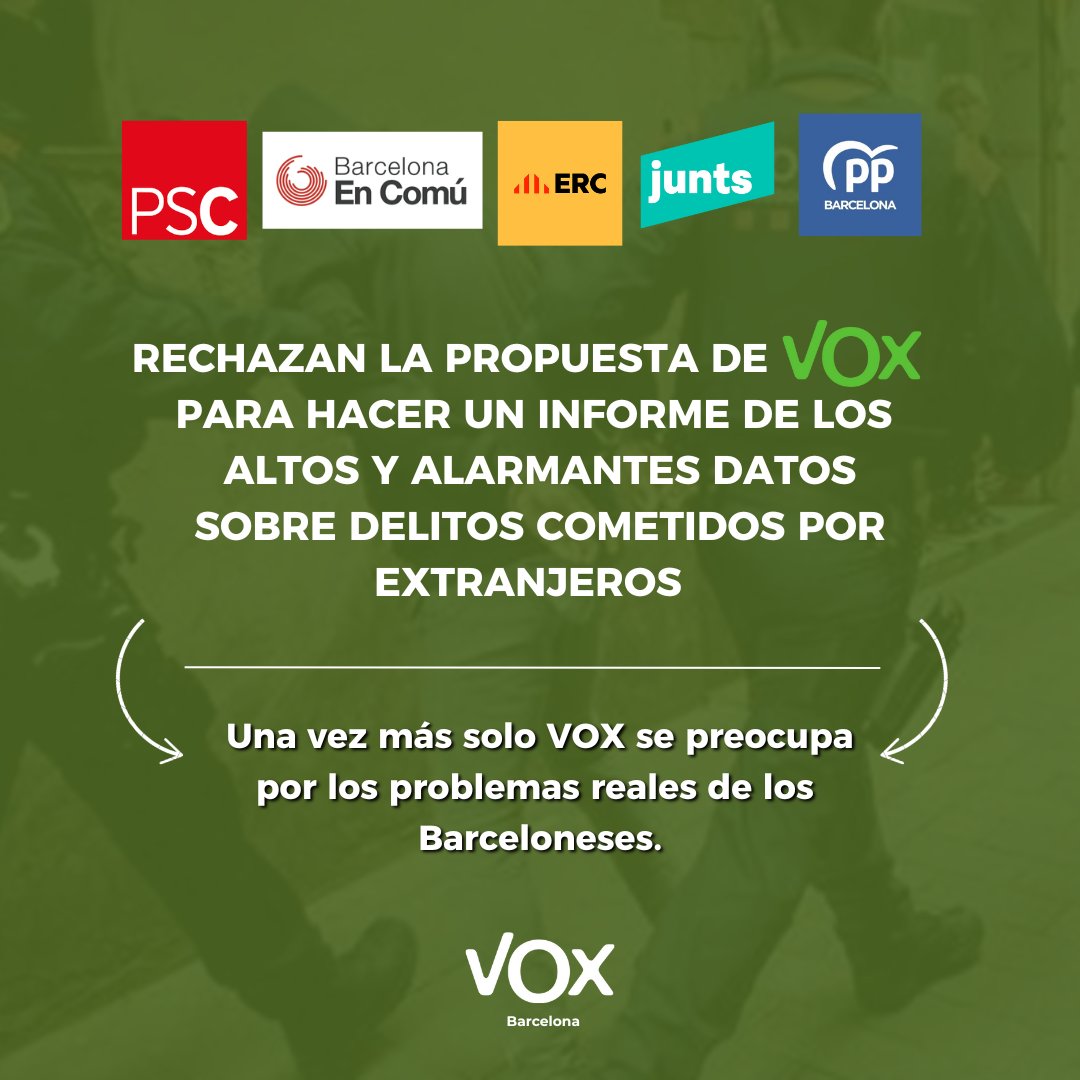 #URGENTE 
🗣 VOX exige un informe sobre los delitos cometidos por extranjeros.

‼️ NINGÚN partido del Ayuntamiento de #Barcelona apoya esta medida. 

🟢 Una vez más #soloquedavox para poner encima de la mesa los problemas reales de los españoles.
