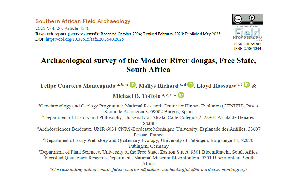 PEOPLE_ERC_StG (@people_erc_stg) on Twitter photo 📢New publication on the archaeological survey of the Modder River dongas led by Dr Felipe Cuartero, published in Southern African Field Archaeology. Available in open access👇
doi.org/10.36615/safa.…
<a href="/archeosciences/">Archéosciences Bordeaux</a> <a href="/CNRSAquitaine/">CNRS Aquitaine</a> 📢New publication on the archaeological survey of the Modder River dongas led by Dr Felipe Cuartero, published in Southern African Field Archaeology. Available in open access👇
doi.org/10.36615/safa.…
<a href="/archeosciences/">Archéosciences Bordeaux</a> <a href="/CNRSAquitaine/">CNRS Aquitaine</a>