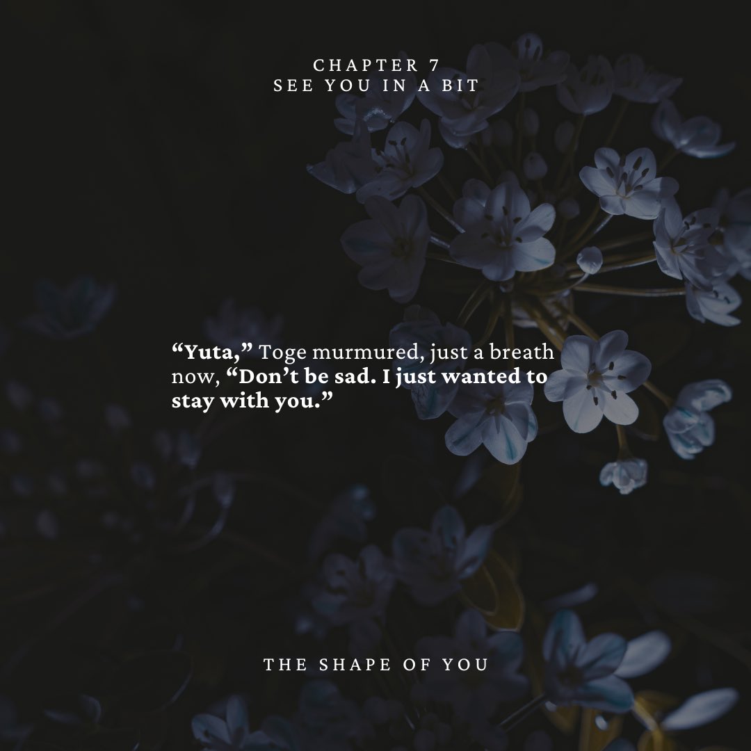 With a little delay, Chapter 7 is out! Final warning to read those tags and uh… enjoy the ghost smut?

✨ The Shape of You
✨ Ch. 7 - See you in a bit
✨ E rated Hurt/Confort
✨ Ghost AU 
✨ Ghost!Yuta x GhostWhisperer!Toge
✨ #inuokko 

archiveofourown.org/works/65474863…