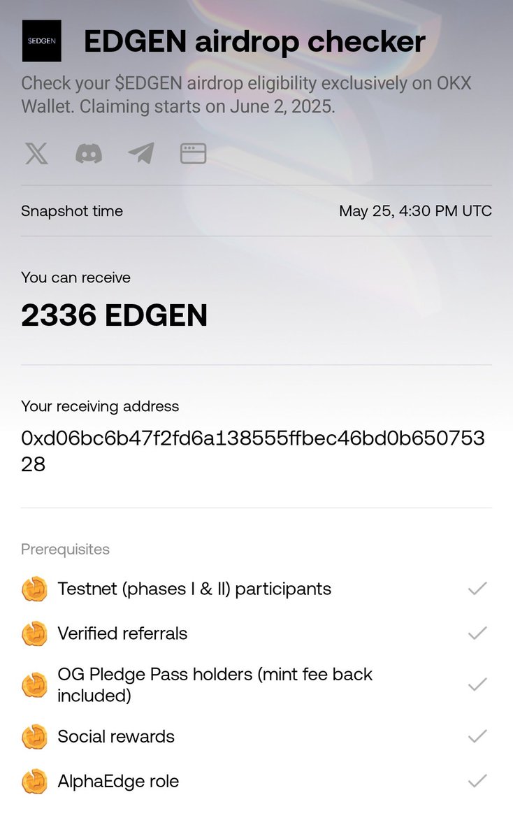 Web3 Lab (@web3xlab) on Twitter photo AIRDROP CHECK TIME πͺπ₯
You can now see your <a href="/layeredge/">LayerEdge</a> $EDGEN airdrop on OKX Wallet! π
Hereβs how:
1οΈβ£ Log in to OKX Wallet
2οΈβ£ Import your Layeredge wallet
3οΈβ£ Tap the $EDGEN banner
4οΈβ£ Boom β your allocation is right there! πΈ
Just checked mine β loud and clear π
How much AIRDROP CHECK TIME πͺπ₯
You can now see your <a href="/layeredge/">LayerEdge</a> $EDGEN airdrop on OKX Wallet! π
Hereβs how:
1οΈβ£ Log in to OKX Wallet
2οΈβ£ Import your Layeredge wallet
3οΈβ£ Tap the $EDGEN banner
4οΈβ£ Boom β your allocation is right there! πΈ
Just checked mine β loud and clear π
How much