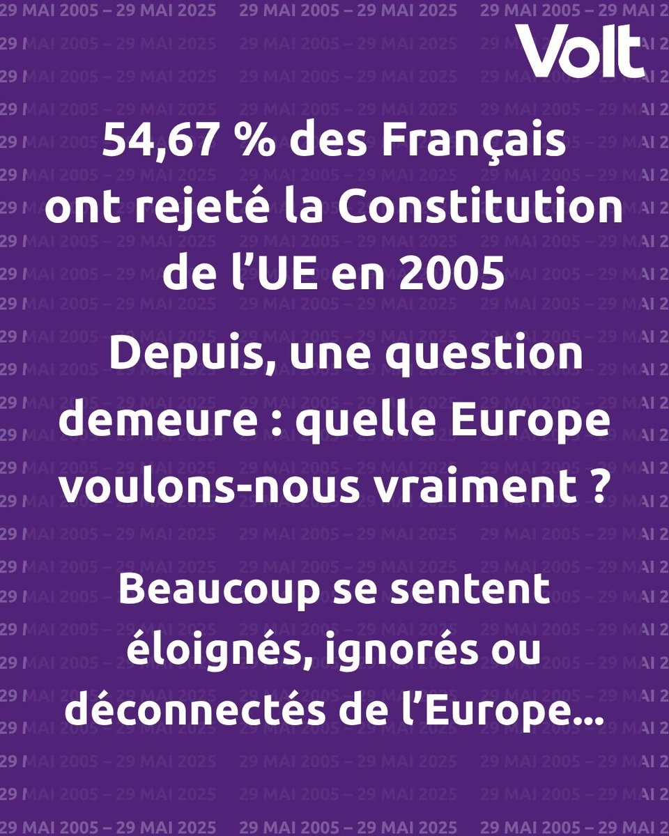 volt_france's tweet photo. 20 ans après le "non" à la Constitution européenne, la même question demeure : Quelle Europe voulons nous ? Face aux crises sanitaires, économique, migratoire et environnementales et à la situation géopolitique tendue, la réponse européenne se fait de plus en plus nécessaire 💜 https://t.co/IOuV2kHHrx