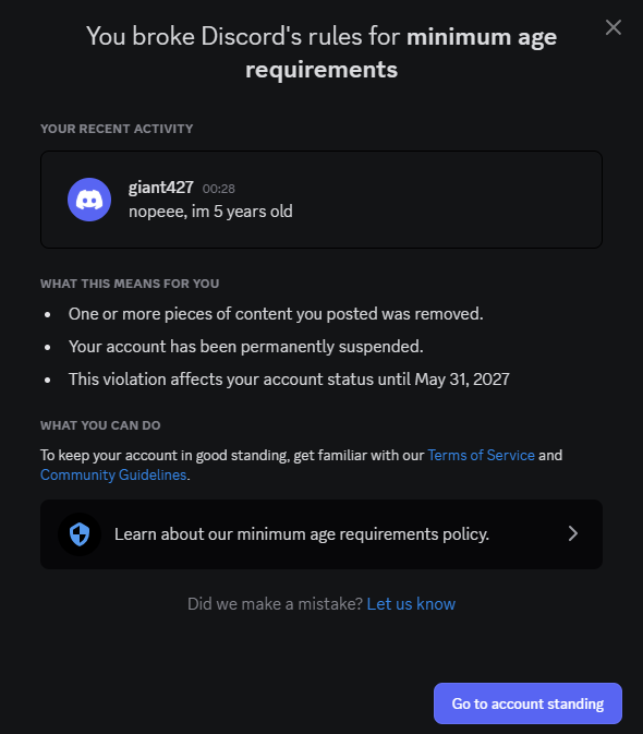 Giant427's tweet photo. bro @discord @discord_support give me my account back. im 18 years old, that message was sarcastic.... you are keeping me away from doing engineering and texting my world😭 https://t.co/QoAfymiVwe