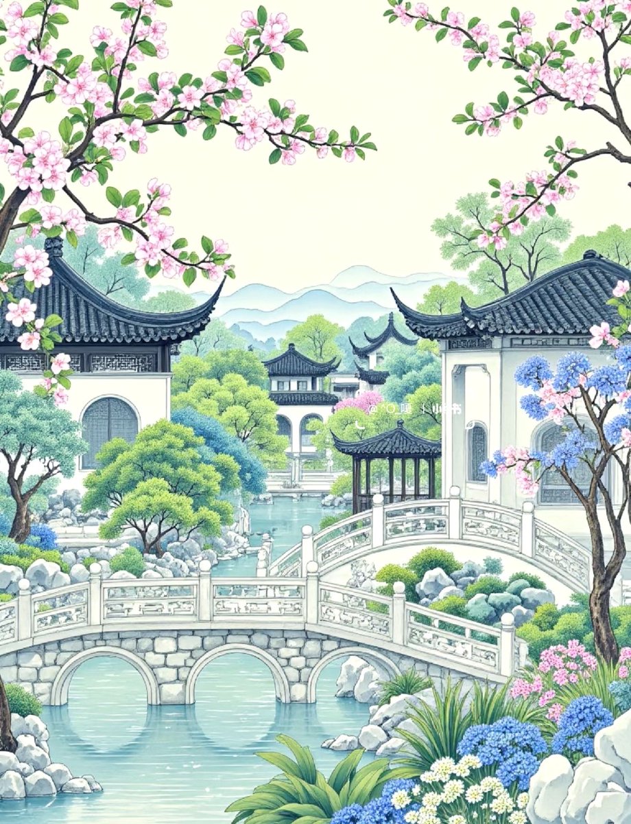 Good morning~
池镜涵空映画堂，曲桥横卧韵悠长。早安🌺🌞