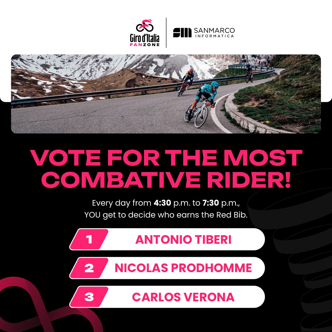 giroditalia's tweet photo. ๐ฅ Vote for your combative rider of the stage!
๐ https://t.co/qUZHEji5FS
#GirodItalia #SanMarcoInformatica https://t.co/VZpz1zClqE