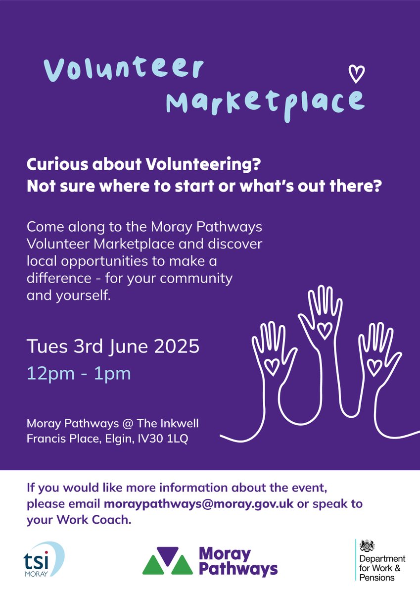 Margarita Morrison (@jcpscotdirector) on Twitter photo Super opportunity to delve into the world of #Volunteering in #Elgin during #VolunteersWeek
Come along and speak to <a href="/JCPinScotland/">JCP in Scotland</a> <a href="/Moraypathways/">Moray Pathways</a> <a href="/MorayCouncil/">Moray Council</a> and many organisations who have information on becoming a #Volunteer Super opportunity to delve into the world of #Volunteering in #Elgin during #VolunteersWeek
Come along and speak to <a href="/JCPinScotland/">JCP in Scotland</a> <a href="/Moraypathways/">Moray Pathways</a> <a href="/MorayCouncil/">Moray Council</a> and many organisations who have information on becoming a #Volunteer