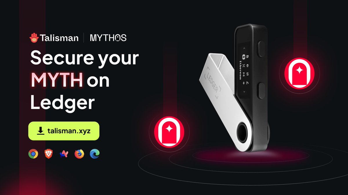 wearetalisman's tweet image. You can now sign @EnterTheMythos transactions natively with your @Ledger device!
🎮 Gamers: safely store and stake your $MYTH.
💻 Devs: ship knowing your community can interact safely from day 1.
Cold-storage security for the biggest gaming chain on @Polkadot. 🔐