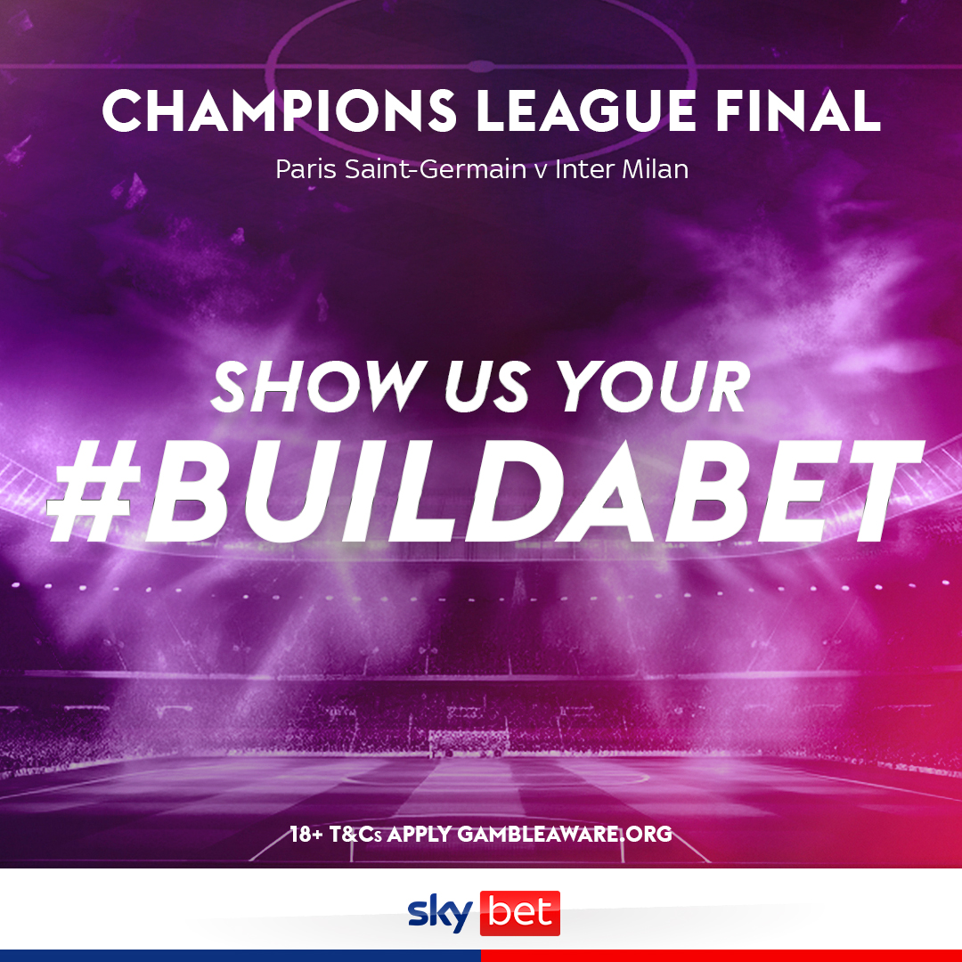 SkyBet's tweet photo. The biggest game on the football calendar 🌍🏆

Ahead of PSG's battle with Inter, share your #BuildABet selections 👊

You can claim your FREE £1 BuildABet now 🙌

Tap below for full T&amp;Cs ↘️