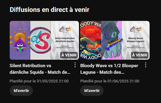 Les Matchs des Champions continuent ce week-end !

📺Samedi à 21h ⬇️
🇫🇷Silent Retribution vs dämliche Squids🇩🇪 (D8)

📺Dimanche à 21h ⬇️
🇫🇷Bloody Wave vs 1/2 Blooper Lagune🇩🇪 (D6)

Nos équipes ont encore besoin de votre soutien 💪, on compte sur vous 🙌