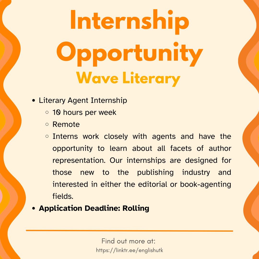 Wave Literary is now accepting applications for their literary agent  internship! Interns work closely with agents and have the opportunity to  learn about all facets of author representation.  waveliterary.com/jobs