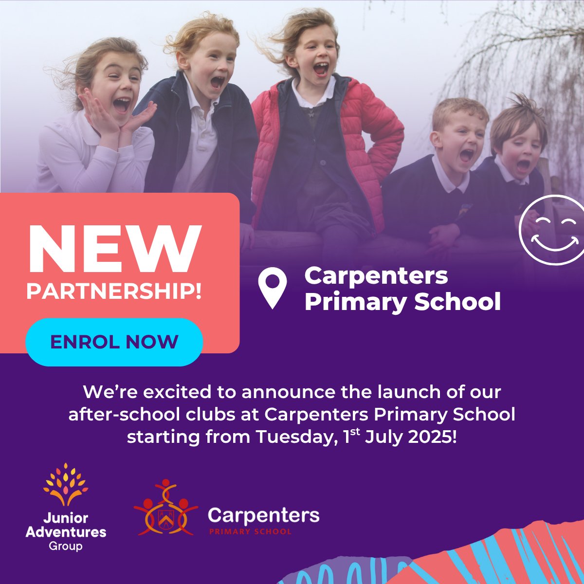 We're excited to be delivering our Stay and Play after school clubs at <a href="/CPSE15/">Carpenters Primary School</a> every day throughout the academic year starting from Tuesday, 1st July!

Find out more and enrol today at junioradventuresgroup.co.uk/find-us/carpen… 

Claim a free session using code TRYCARPENTERS