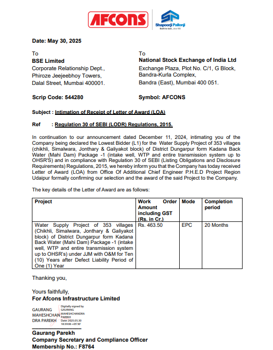 ravibhaumiriya's tweet photo. #AFCONS Receipt of LOA of Rs. 463.50
#INOXWIND #SWSOLAR #GRAUWEIL #IDEA #VODAIDEA #SPICEJET #NYKAA #KPIGREEN #CDSL #BDL #MCX #BEML #CAMS #SUZLON #OLAELEC #BSE #SWIGGY #YESBANK #POLYCAB #KEIL #EPACK #BHEL #JSWENERGY #ETERNAL #GODREJCP #HAVELLS #TATASTEEL #ASHOKLEY #ASTRAL #ATUL #HINDPETRO #HUDCO #KEI #RRKABEL #PIDILITIND #DRREDDY #NAVINFLUOR #PIDILITIND #OMINFRAL #JINDRILL #PROTEAN #SENCO #SUZLON #INOXGREEN