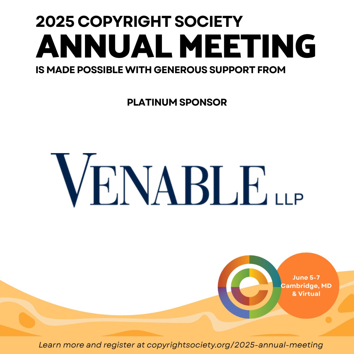 Copyright Society (@copyrightsoc) on Twitter photo 🌟 A heartfelt thank you to <a href="/VenableLLP/">Venable LLP</a> for their generous support as a Platinum Sponsor of the #2025AnnualMeeting!
There’s still time to join us June 5–7 in Chesapeake Bay or virtually—don’t miss it:
➡️ copyrightsociety.org/event/2025-ann…
#CopyrightAM #Copyright #CopyrightSociety 🌟 A heartfelt thank you to <a href="/VenableLLP/">Venable LLP</a> for their generous support as a Platinum Sponsor of the #2025AnnualMeeting!
There’s still time to join us June 5–7 in Chesapeake Bay or virtually—don’t miss it:
➡️ copyrightsociety.org/event/2025-ann…
#CopyrightAM #Copyright #CopyrightSociety