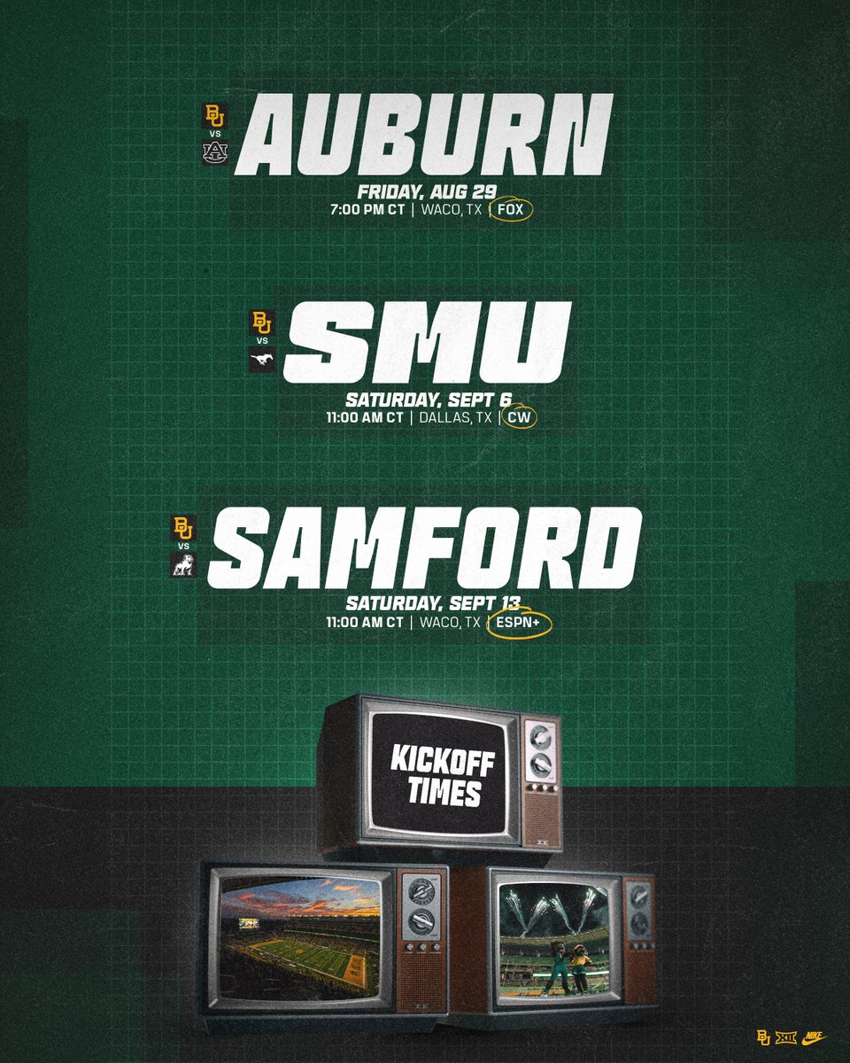 Game times and networks set for non-conference 📺⏰

🎟️ baylorbea.rs/FBSeasonTix

#SicEm