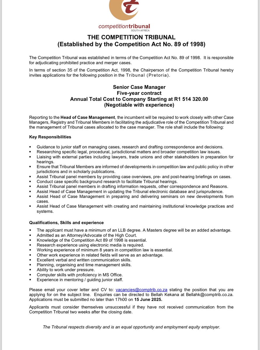 The Competition Tribunal has a vacancy for a senior case manager. Details below: