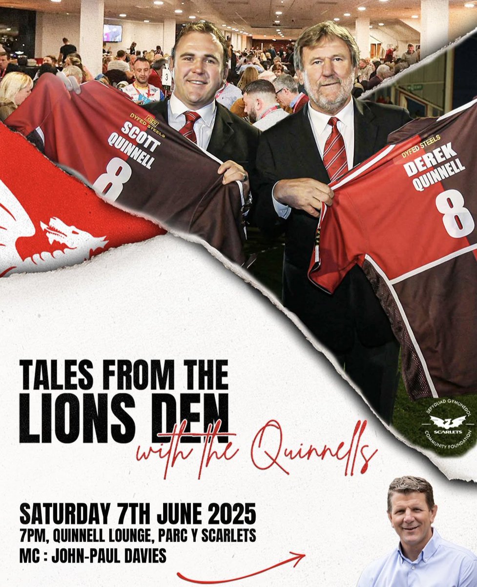 Scarlets Rugby (@scarlets_rugby) on Twitter photo Join us on Saturday, June 7th for an unforgettable evening with Derek and Scott Quinnell at Parc y Scarlets ποΈ
Hereβs your chance to get up close and personal with two Scarlets legends!
Book now on 01554 783900 or email reception@scarlets.wales Join us on Saturday, June 7th for an unforgettable evening with Derek and Scott Quinnell at Parc y Scarlets ποΈ
Hereβs your chance to get up close and personal with two Scarlets legends!
Book now on 01554 783900 or email reception@scarlets.wales